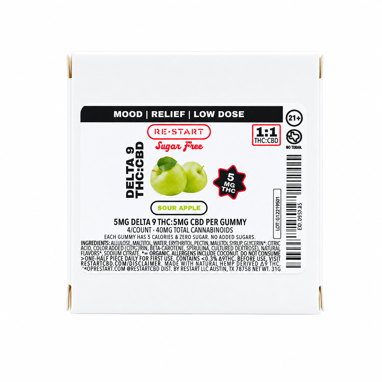 Sugar-Free Delta 9 THC CBD 10MG Gummies Sour Green Apple 4/ct (1:1)
